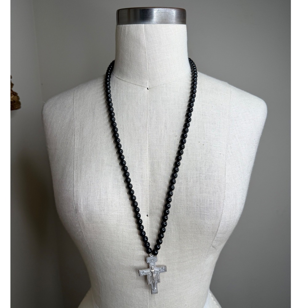Unbranded Rosary Crucifix Necklace Black Beaded Silver Cross Pendant‎ Unisex OS